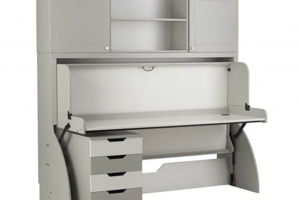 Modern white study desk with storage drawers and adjustable shelves, designed for optimal space utilisation in student bedrooms or home office setups.
